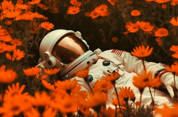 Foto astronauta deitado sob um campo de flores