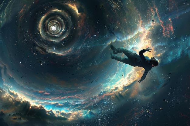 Astronauta a la deriva cerca de un vórtice cósmico