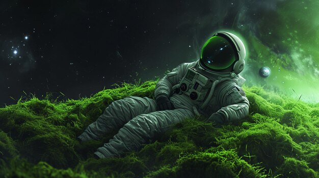 Astronauta descansando en una superficie verde cubierta de musgo bajo un cielo estrellado