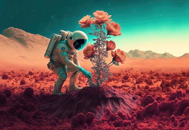 Astronauta descubre e investiga una gran flor o planta en un planeta alienígena IA generativa