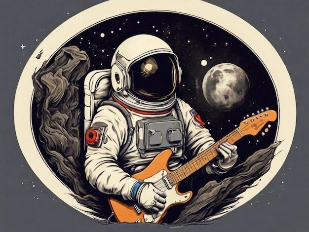 Astronauta desenho de camiseta vetorial de guitarra de rock espacial