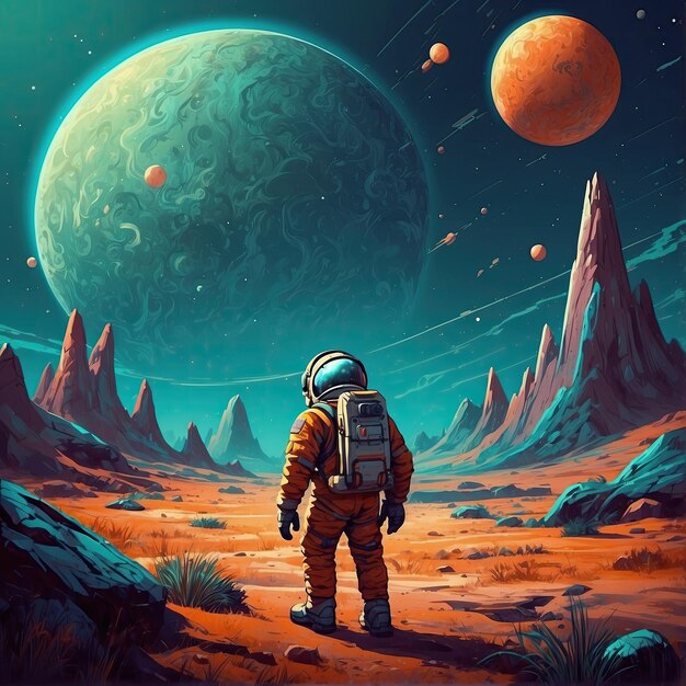 Un astronauta dibujado en un estilo de ilustración en otro planeta arte ai generación