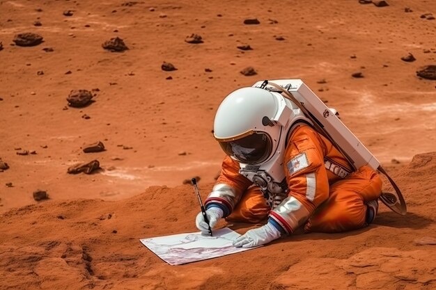 Un astronauta dibujando un mapa en el suelo de Marte