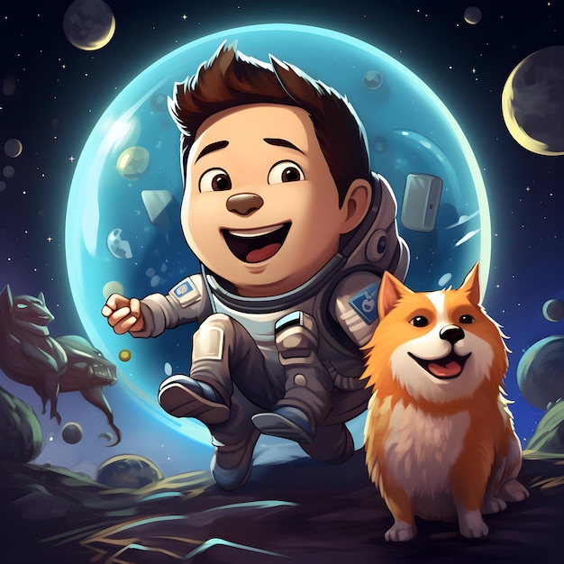 Astronauta de dibujos animados con perro corgi en el fondo de la luna