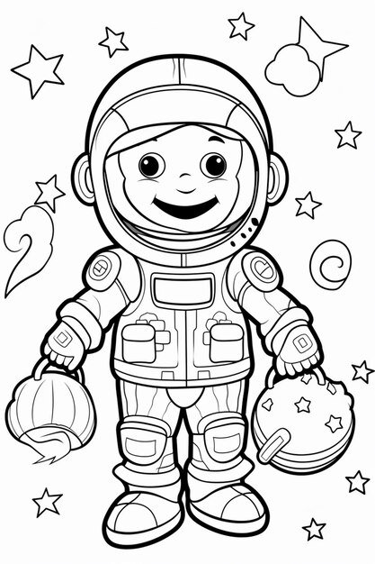 un astronauta de dibujos animados sosteniendo un cubo de estrellas y una bola ai generativa