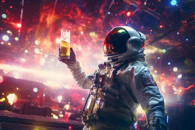 Foto astronauta disfrutando de una bebida en una fiesta rave en todo su engranaje concepto sesión de fotos creativa traje de astronauta tema de la fiesta estética espacial