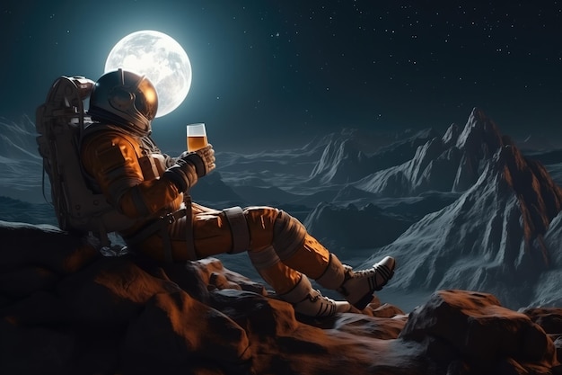 Astronauta disfrutando de una cerveza en un planeta alienígena