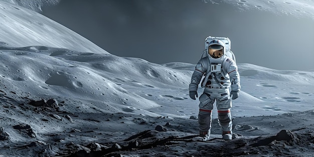 Astronauta em admiração com paisagens lunares iluminadas Destacando o fascínio e a vastidão da natureza Conceito Fotografia da natureza Exploração astronômica Paisagens lunares Astrônomos entusiastas