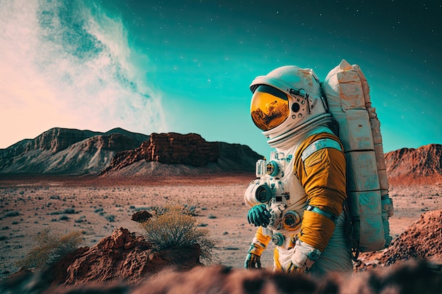 Astronauta em algum planeta da galáxia olhando para o horizonte Paisagem do deserto IA generativa