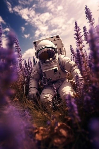 astronauta em campo de lavanda no estilo de atmosferas hiperrealistas estética vintage