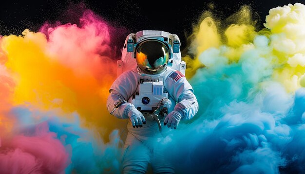 Astronauta em capacete espacial no meio de fumaça colorida