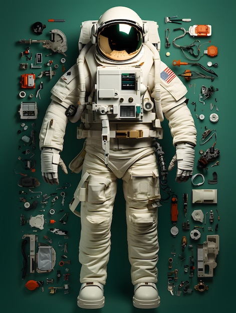 Astronauta em estilo de imagem knolling sobre fundo verde