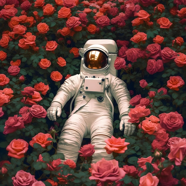 Foto astronauta em fundo floral renderização 3d