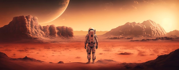 Astronauta em Marte, o planeta vermelho Paisagem com deserto e montanhas Colonização de Marte AIGenerated