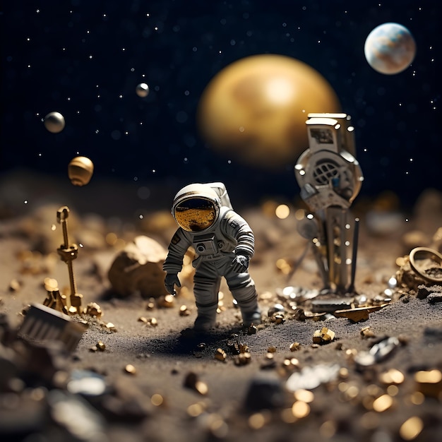 Foto astronauta em miniatura fazendo uma pesquisa científica com sua instrumentação