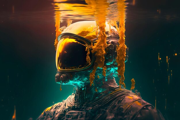 Astronauta em pé na água, o mar contra o fundo Generative AI