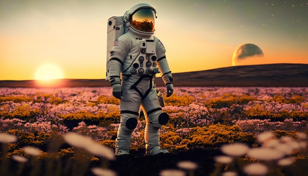 Astronauta em pé no campo em um pôr do sol dourado ai generativo