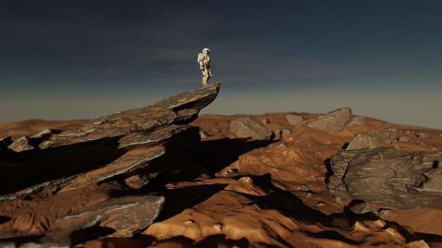 Astronauta em planeta alienígena planeta vermelho Marte exploração espacial colônia marciana ciência sistema solar paisagem de superfície rochosa renderização 3d