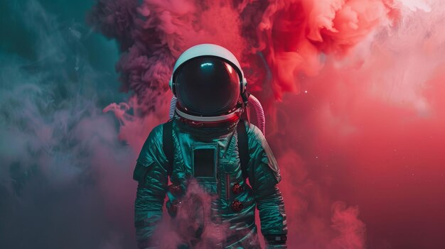 Astronauta em terno espacial verde de pé em fumaça vermelha