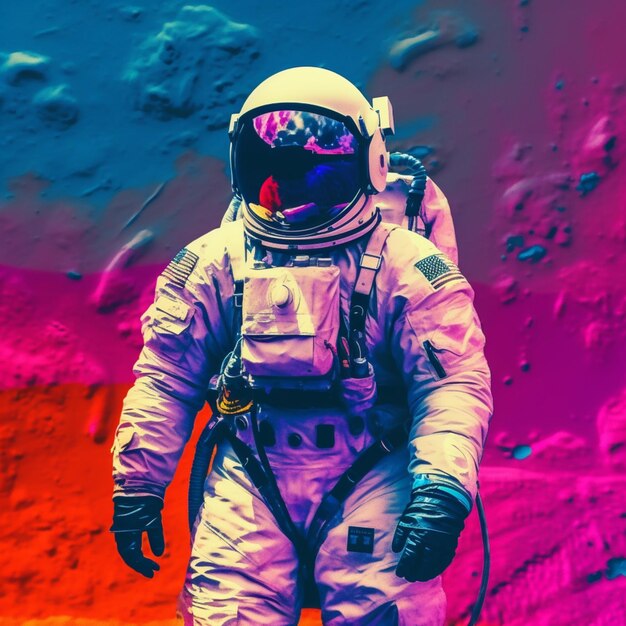 astronauta em traje espacial andando no planeta vermelho com fundo colorido generativo ai