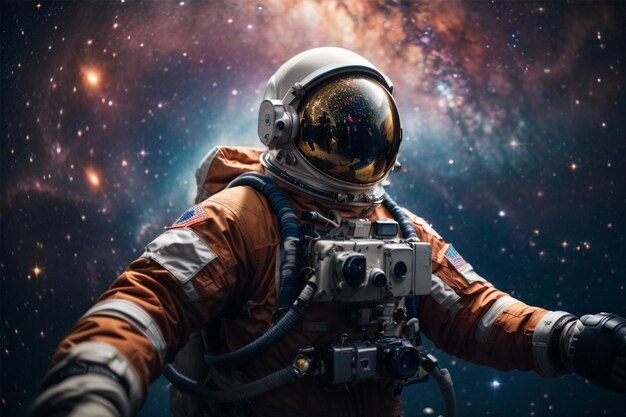 Astronauta em traje espacial e capacete contra o fundo do espaço