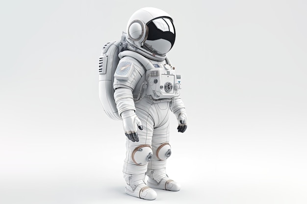Astronauta em traje espacial e capacete em ilustração de ficção científica de estilo de renderização 3D de fundo branco