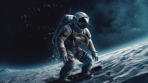 Astronauta em traje espacial e capacete em snowboard generative ai