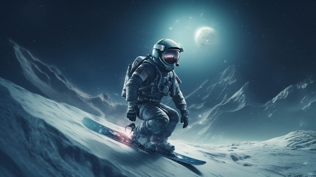 Astronauta em traje espacial e capacete em snowboard generative ai