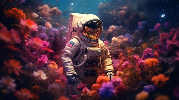 astronauta em traje espacial homem no campo de flores em traje espacial astronauta