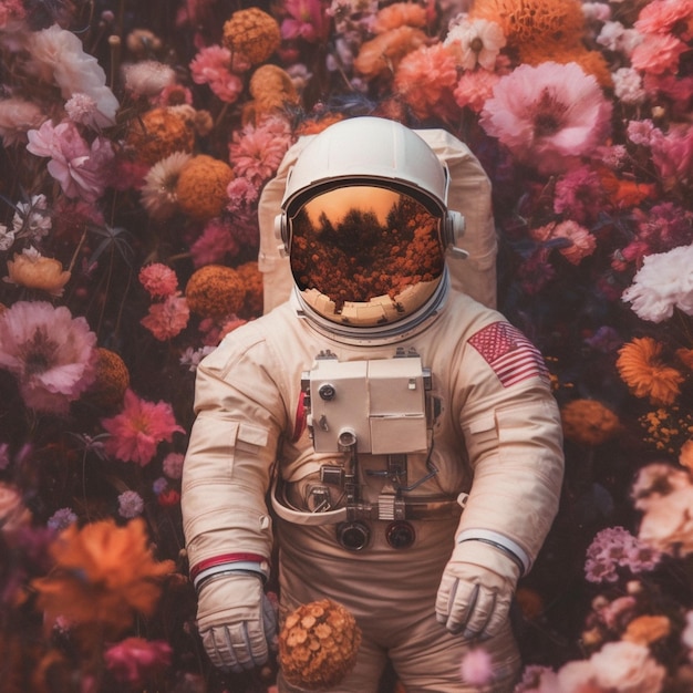 astronauta em um campo de flores com uma câmera ai generativa