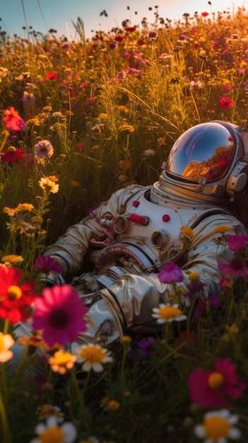 Foto astronauta em um campo de flores