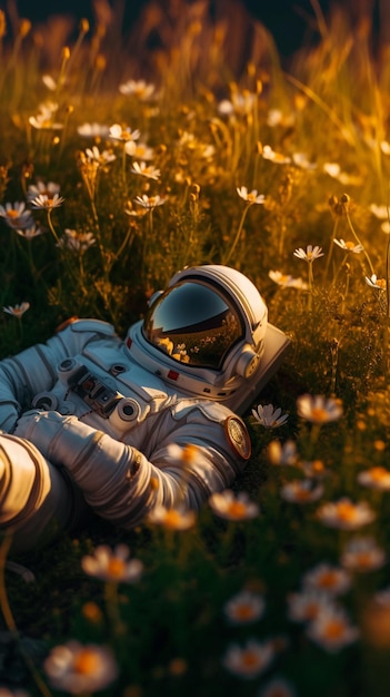 Astronauta em um campo de flores