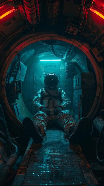 Astronauta em um corredor de nave espacial com iluminação ambiente