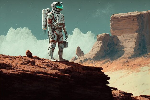 Astronauta em um penhasco Astronauta em pé em um penhasco Ilustração de estilo de arte digital pintura