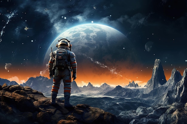 Astronauta em um planeta estrangeiro, Marte. Exploração de um universo de ficção científica.