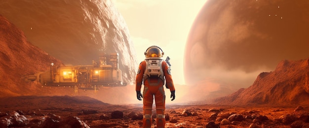 Astronauta em um planeta vermelho com uma nave espacial ao fundo ai generativa
