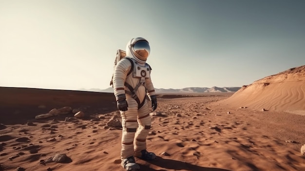 Astronauta em um terno espacial em pé em Marte Terra visível no horizonte a vastidão do espaço