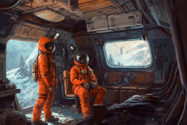 Astronauta em um terno laranja em uma cabine de astronauta039s