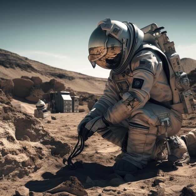 Astronauta em um traje espacial cavando no deserto