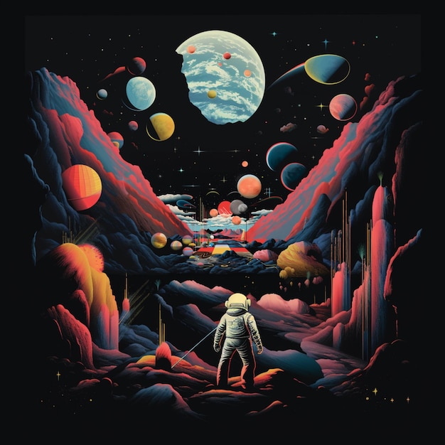 astronauta em um traje espacial em pé em uma paisagem colorida com planetas ai generativos