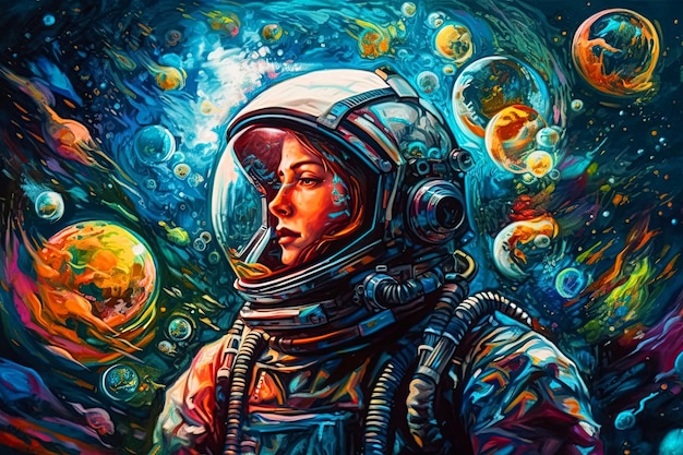 Astronauta em um traje espacial no fundo do espaço abertoIlustração Generativa colorida de IA Voo espacial humano Astronauta explora o espaço