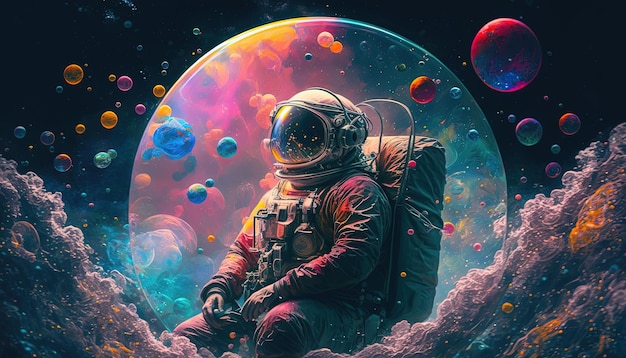 Astronauta em uma galáxia de bolha colorida em um planeta diferente Generative AI