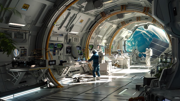 Foto astronauta em uma nave espacial futurista o astronauta está vestindo um terno espacial e está trabalhando em um painel de controle