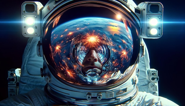 Foto astronauta em uma nave espacial usando capacete que se reflete na dramática cena de explosão nuclear