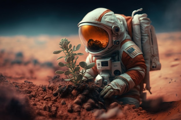Astronauta encontrou uma planta em imagem de fantasia futurista em Marte