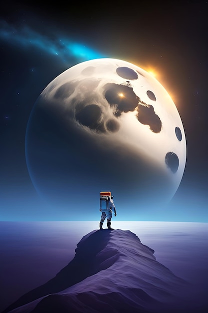 Un astronauta se encuentra en la superficie de la luna.