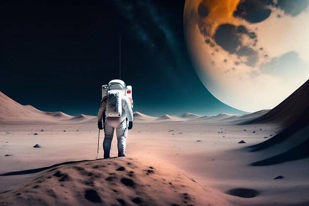 Un astronauta se encuentra en la superficie de la luna.