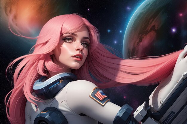 Astronauta espacial de cabelos longos e cor-de-rosa ilustração em estilo Barbie