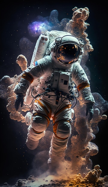 Un astronauta en el espacio con un cohete al fondo.