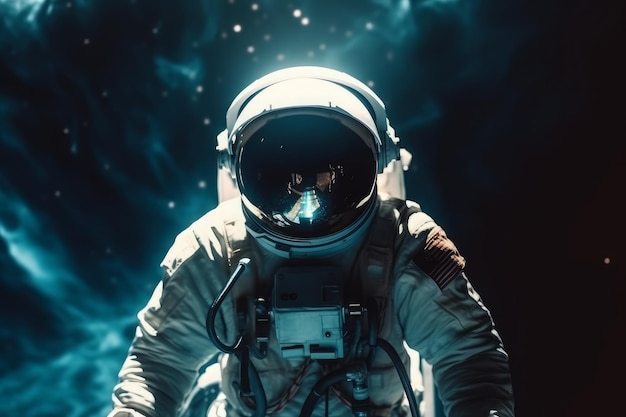 Un astronauta en el espacio exterior en el estilo de la ciencia ficción futurista estética cian oscuro y blanco IA generativa